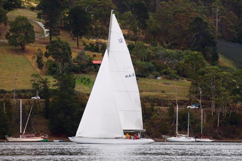 Gretel II, of America;s Cup fame, racing on Kangaroo Bay at Port Huon photo copyright Jessica Coughlan taken at Port Cygnet Sailing Club and featuring the IRC class