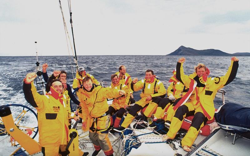 The Crew of of the Whitbread 60 yacht INTRUM JUSTITIA celebrate rounding Cape Horn during the 1993/4 Whitbread Round the World Yacht Race. All are eligible for membership to the exclusive International Association of Cape Horners photo copyright Rick Tomlinson / Intrum Justitia / PPL taken at  and featuring the IRC class