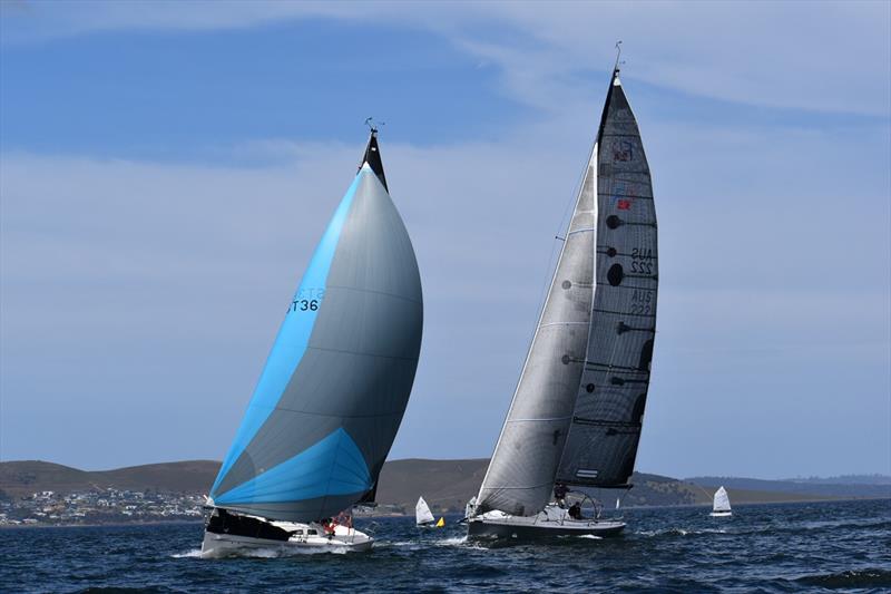 Midnight Rambler (Ed Psalsti) in front of War Games (Wayne Banks-Smith) as they approach the finish line - Combined Clubs Summer Pennant Series photo copyright Jane Austin taken at Royal Yacht Club of Tasmania and featuring the IRC class