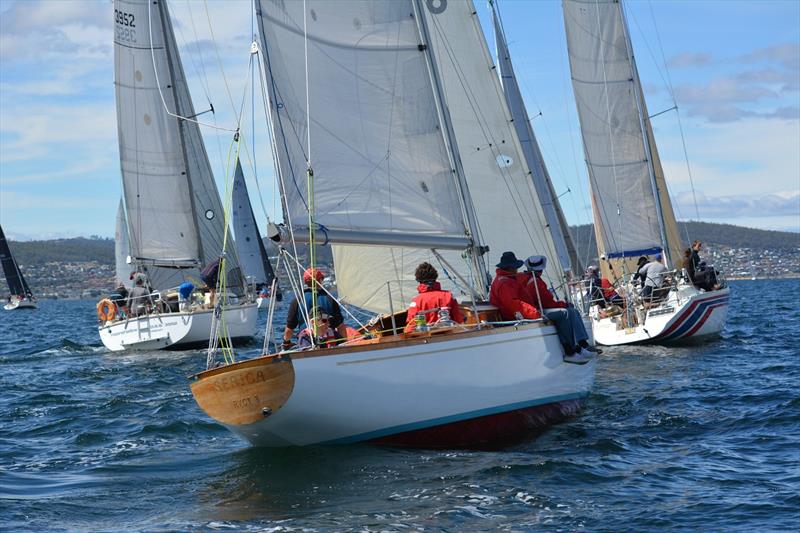 L to R Moonshadow (Anthony Ellis) Serica (Charles Peacock) and Rumbeat (Justin Barr) cross the start line in Race 8 of the Combined Clubs Summer Pennant Series - photo © Colleen Darcey