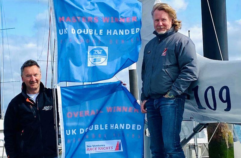 Mike Yates and Eivind Bøymo-Malm (Jago) winning overall and masters titles - UK Double Handed Offshore Series race 4 (Cowes - Dinard - St Malo Race) photo copyright James Moreland taken at Royal Ocean Racing Club and featuring the IRC class