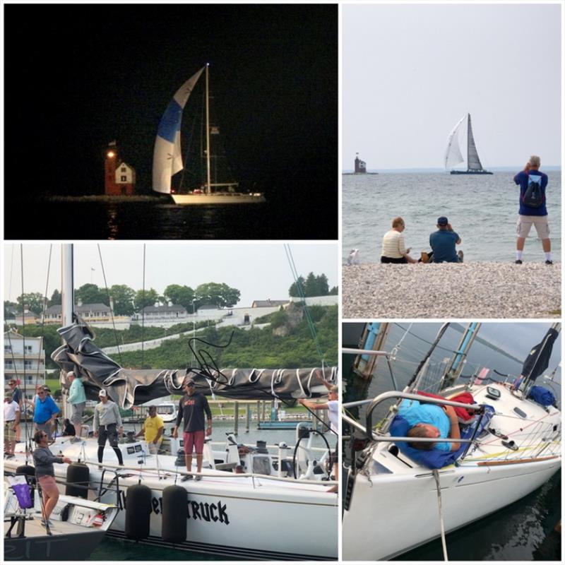 On Mackinac Island (from left top) Eagle One, overall Cruising Division winner, was first to finish; OC86 was the first racing monohull to finish; sneaking a nap after racing; docking at Mackinac Island photo copyright Chicago Yacht Club taken at Chicago Yacht Club and featuring the IRC class