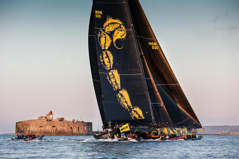Skorpios completes the 695nm Rolex Fastnet Race on the finish line off Fort De L'Ouest, Cherbourg photo copyright Paul Wyeth / pwpictures.com taken at Royal Ocean Racing Club and featuring the IRC class