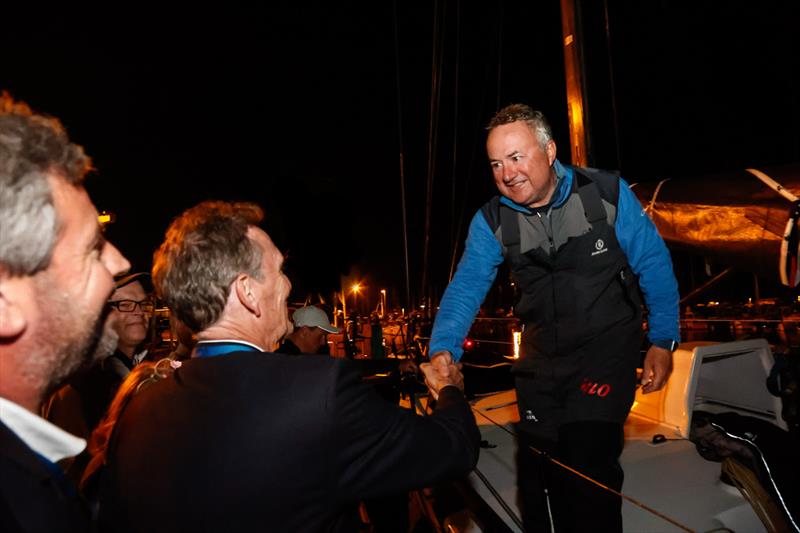 RORC CEO Jeremy Wilton and Race Director, Chris Stone congratulate RORC Commodore, James Neville and the Ino XXX crew - 2021 Rolex Fastnet Race photo copyright Paul Wyeth / www.pwpictures.com taken at Royal Ocean Racing Club and featuring the IRC class