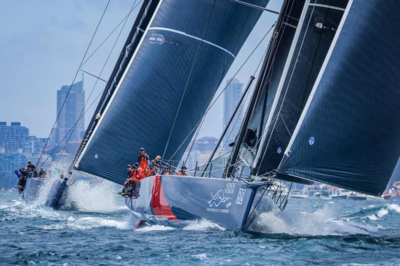 SHK Scallywag 100 led LawConnect and Black Jack out of the Heads - Rolex Sydney Hobart Yacht Race photo copyright Salty Dingo taken at Cruising Yacht Club of Australia and featuring the IRC class