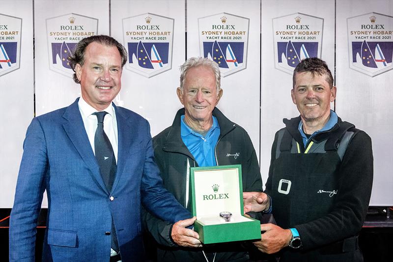 Line Honours presentation (L-R) Mr. Benoit Falletti (Rolex Australia), Peter Harburg (Owner Black Jack) and Mark Bradford (Skipper Black Jack) - 76th Rolex Sydney Hobart Yacht Race photo copyright Rolex / Andrea Francolini taken at Cruising Yacht Club of Australia and featuring the IRC class