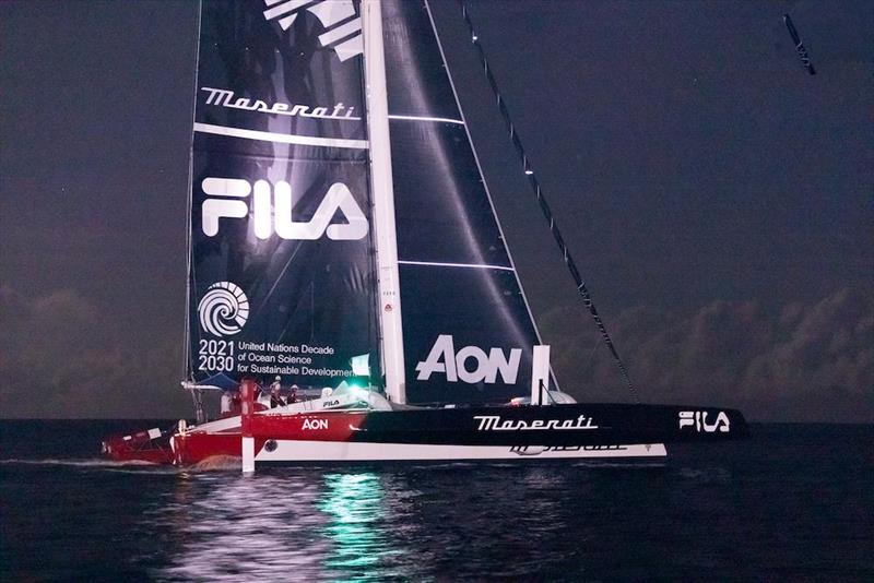 Victory for Giovanni Soldini's Multi70 Maserati after completing the 2022 RORC Transatlantic Race off Camper & Nicholsons Port Louis Marina in Grenada in the early hours of Saturday 15 January photo copyright RORC / Arthur Daniel taken at Royal Ocean Racing Club and featuring the IRC class