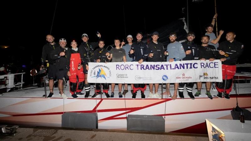 Dockside celebrations for The Polish National Foundation's team on I Love Poland: Stanislaw Bajerski, Grzegorz Baranowski, Mateusz Byrski, Jan Chudzik, Arkadiusz, Kacper, Robert, Wiktor, Filip, Borys, Bartosz, Katarzyna Ostrowska, Filip Pietrzak and Jakub photo copyright Arthur Daniel / RORC taken at Royal Ocean Racing Club and featuring the IRC class