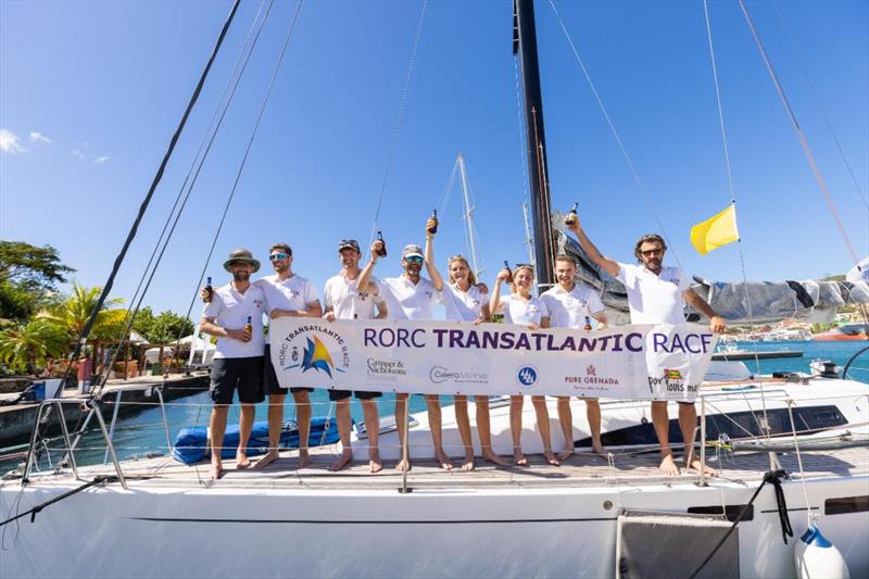 Team Juno (alpha): Edward Connellan, Jack Daniel, Christopher Daniel, Poppy Daniel, Kieran Hill Andrew Horrocks, Cat Hunt, Angus McChesney after finishing the RORC Transatlantic Race photo copyright Arthur Daniel / RORC taken at Royal Ocean Racing Club and featuring the IRC class