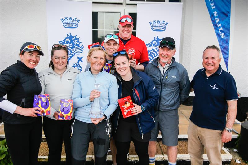 RORC Commodore James Neville presents the happy team on Mrs Freckles with the winners decanter and Easter Eggs after taking pole position in IRC Three in the RORC Easter Challenge photo copyright Paul Wyeth / www.pwpictures.com taken at Royal Ocean Racing Club and featuring the IRC class