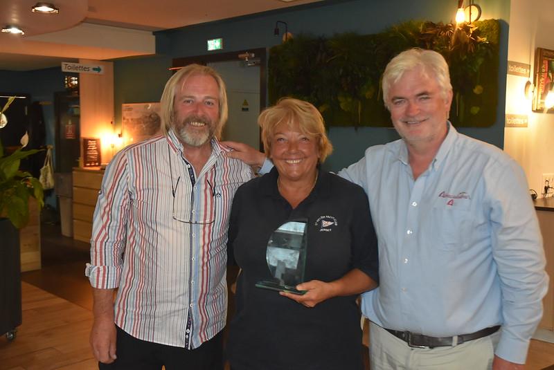Chris Fritot and Deborah Hutchings (Mystique of Jersey) co-skippers win Class Three and Two Handed - with Nick O'Hare, Sailing Committee Chair - 15th International Jersey to Biscay Yacht Race photo copyright Peter Funk taken at St Helier Yacht Club and featuring the IRC class