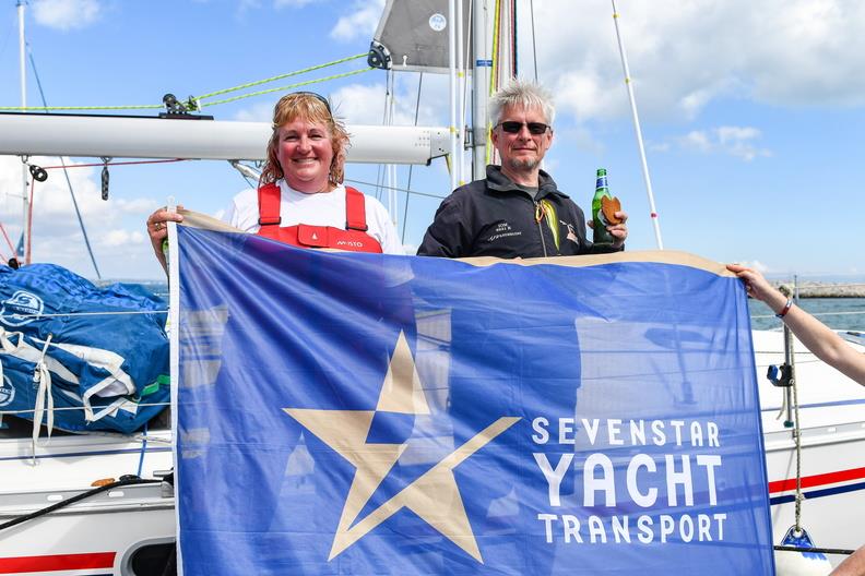 Charlene Howard on her Sun Odyssey 45 AJ Wanderlust - racing with Bob Drummond - after completing the race - Sevenstar Round Britain & Ireland Race photo copyright James Tomlinson / RORC taken at Royal Ocean Racing Club and featuring the IRC class