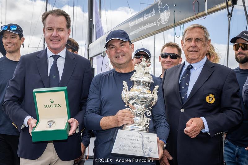 (L-R, foreground): Benoit Falletti, Managing Director of Rolex Australia; Sam Haynes, owner/skipper of Celestial; Arthur Lane, Commodore of the Cruising Yacht Club of Australia - photo © Rolex / Andrea Francolini