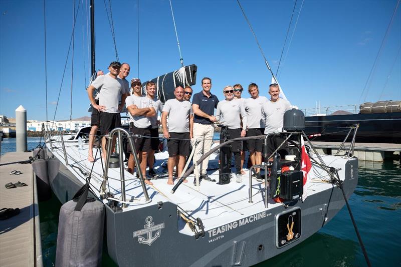 Calero Marinas Managing Director, Jose Juan Calero wishing Eric de Turckheim and the Teasing Machine team a great race before they left the dock at Marina Lanzarote, Canary Islands - photo © James Mitchell / RORC