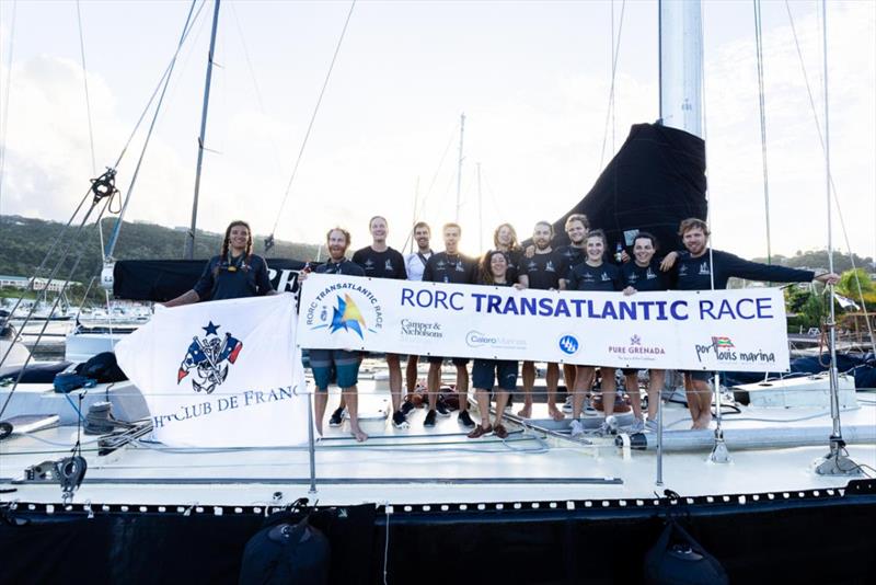Celebrating after the finish in Grenada. Proudly displaying the flag of the Yacht Club de France, the Pen Duick crew of 12 were the youngest in the race - RORC Transatlantic Race - photo © Arthur Daniel / RORC