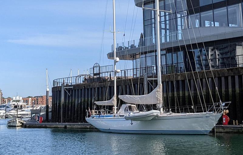 Swan 65 'Evrika' in Ocean Village, Southampton after crossing the Atlantic in Spring 2022 photo copyright Lutz Kohne / OGR2023 taken at  and featuring the IRC class