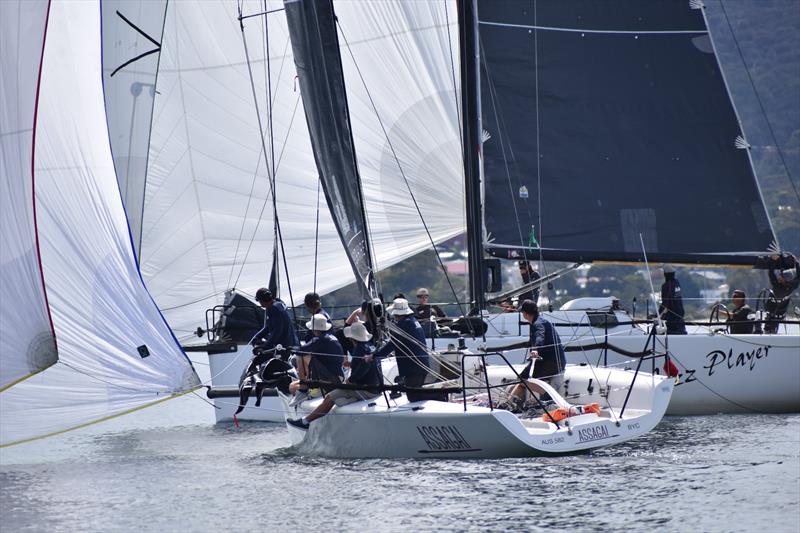 Assagai (Chris Sheehan) and Jazz Player (Brent McKay) are fighting it out in Division One of the Performance Cruising Keelboat Division - 2023 Banjos Shoreline Crown Series Regatta day 2 - photo © Jane Austin