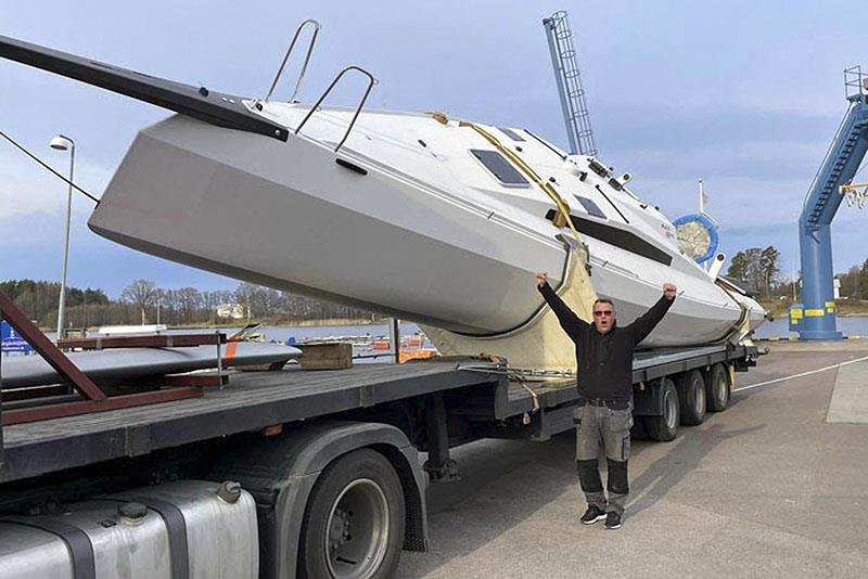 M.A.T.1220 #4 Karukera is in Sweden now, with her her tilted cradle affording easy road transportation - photo © Mills Design