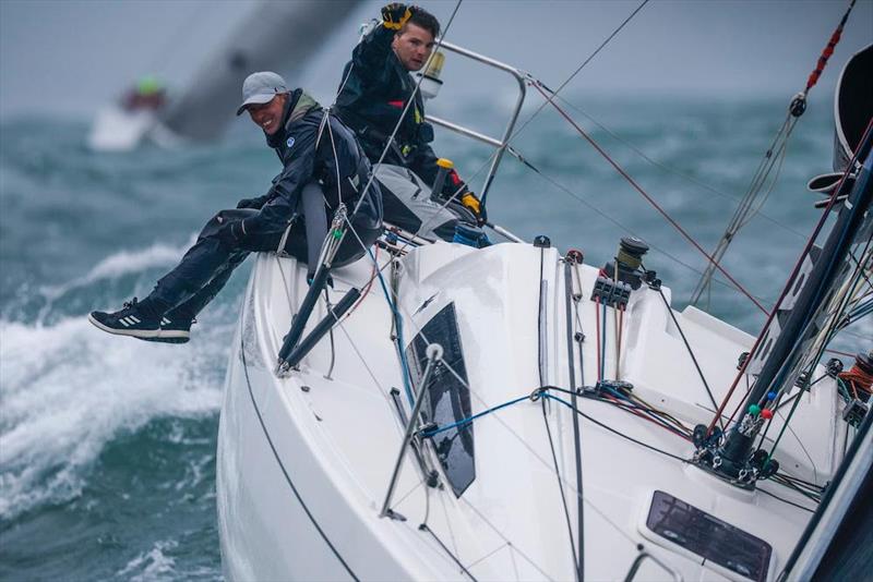 Tim Goodhew and Kelvin Matthews on board Sun Fast 3200 Cora at the brutal start of the race photo copyright Paul Wyeth / pwpictures.com taken at Royal Ocean Racing Club and featuring the IRC class