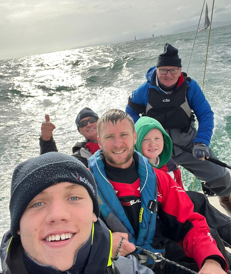 Three Generations of Tudors on Sgrech Bach enjoying the sailing conditions (L-R: Iago Tudor, Mark Thompson, Thomas Tudor, Awel Tudor, Stephen Tudor) - Pwllheli Autumn Challenge Series week 2 photo copyright Iago Tudor taken at Pwllheli Sailing Club and featuring the IRC class