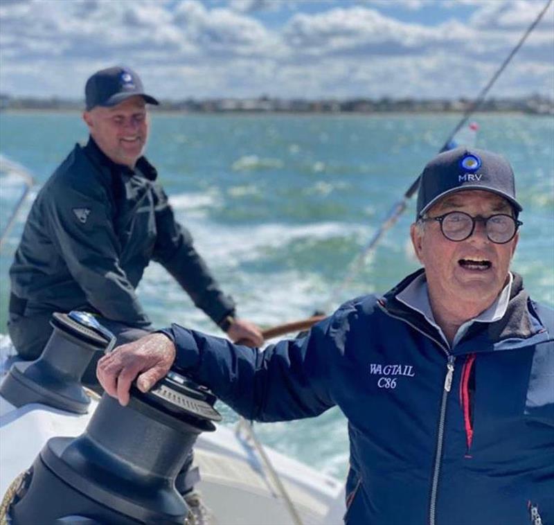 Andrew Plympton aboard Margaret Rintoul V, which he absolutely adored, and sporing a jacket from his successful times aboard the Couta Boat, Wagtail - photo © Damien King