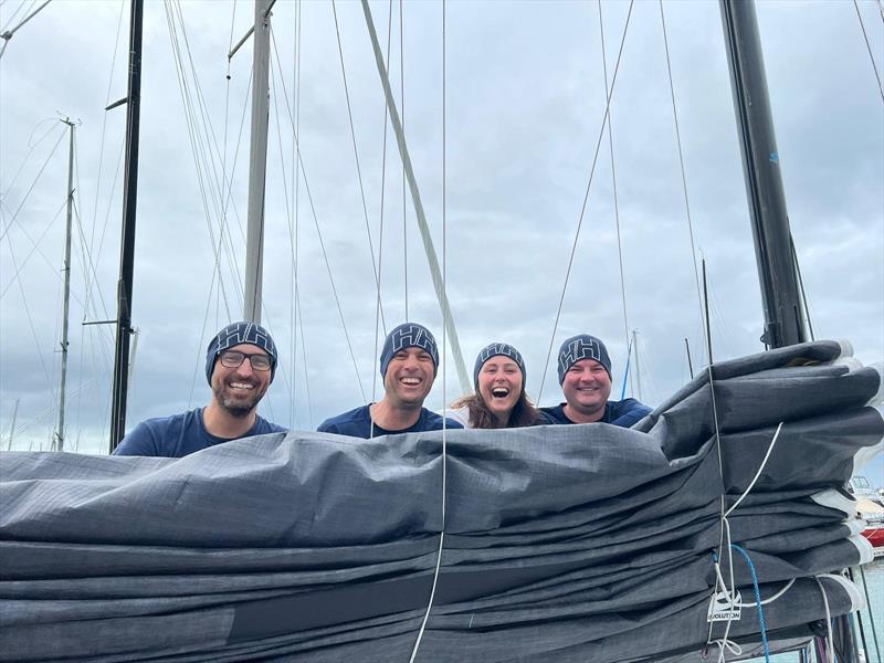 The crew of Perfect Storm warmth testing their Helly Hansen beanies ahead of the Helly Hansen Three Kings Yacht Race.  From left: Ryan Wiblin, Ken Ormandy, Lori Tyrell & Sam Tucker - photo © RNZYS Media