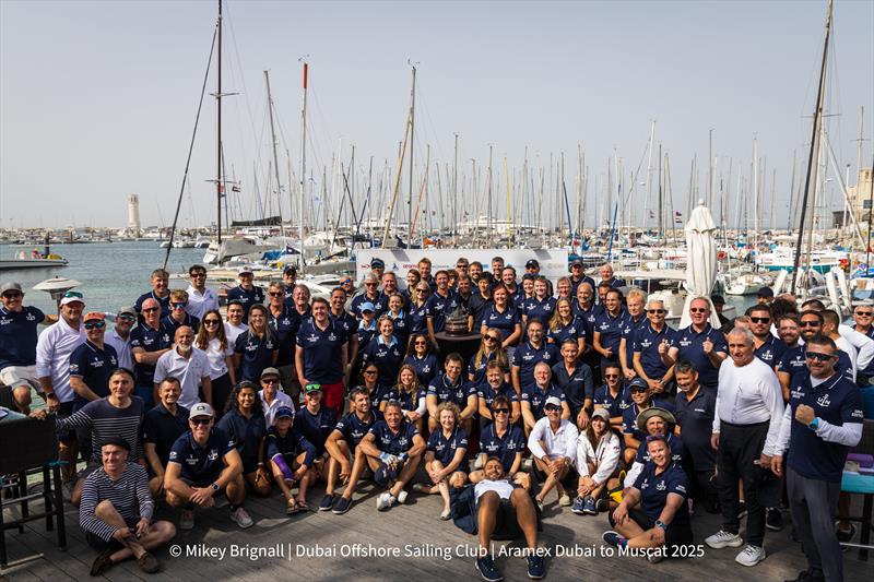 All crew and skippers at DOSC before the race - 32nd ARAMEX Dubai to Muscat Sailing Race photo copyright Mikey Brignall taken at Dubai Offshore Sailing Club and featuring the IRC class
