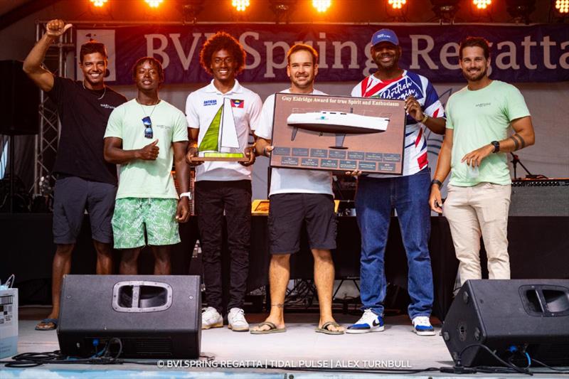 Warthog crew collect the Guy Eldridge Spirit of Enthusiasm Award on behalf of Jim Vos, owner/skipper of the Reichel Pugh 37 - BVI Spring Regatta & Sailing Festival - photo © Alex Turnbull / Tidal Pulse Media