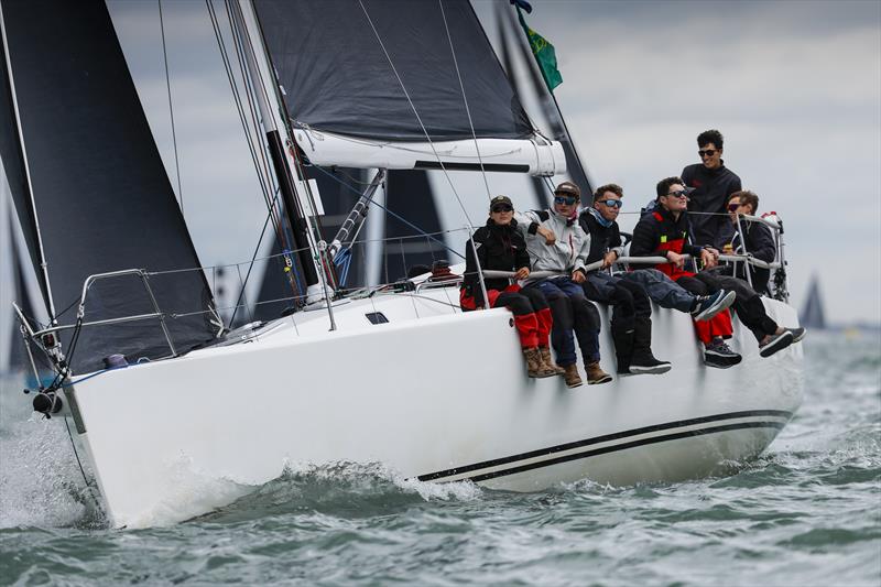 Lawrence Herbert's J/133 Corazon leads her group to the east of Land's End in the Rolex Fastnet Race - photo © Paul Wyeth / RORC