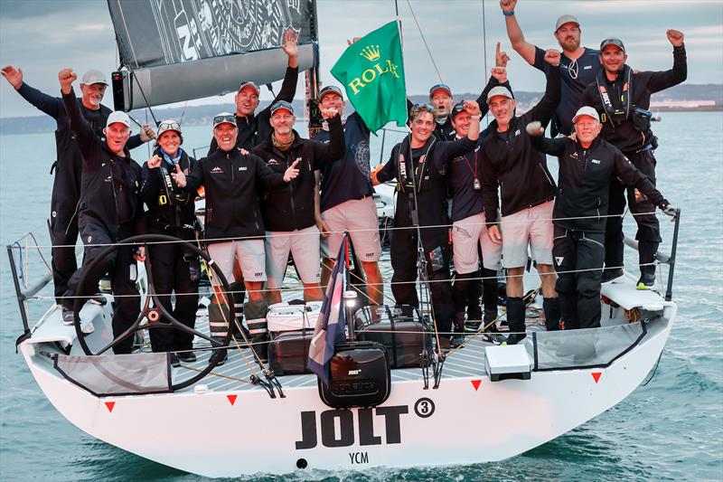 The crew celebrate on Peter Harrison's Botin 52 Jolt 3 - Admiral's Cup 2025 in the Rolex Fastnet Race - photo © Paul Wyeth / RORC