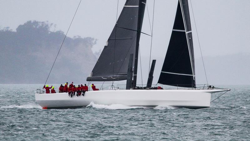 Lucky emerges from the murk to make her final approach to the finish line in Auckland - Finish Sydney Auckland Race - October 14, 2025 photo copyright Richard Gladwell - Sail-World.com/nz taken at Royal Akarana Yacht Club and featuring the IRC class
