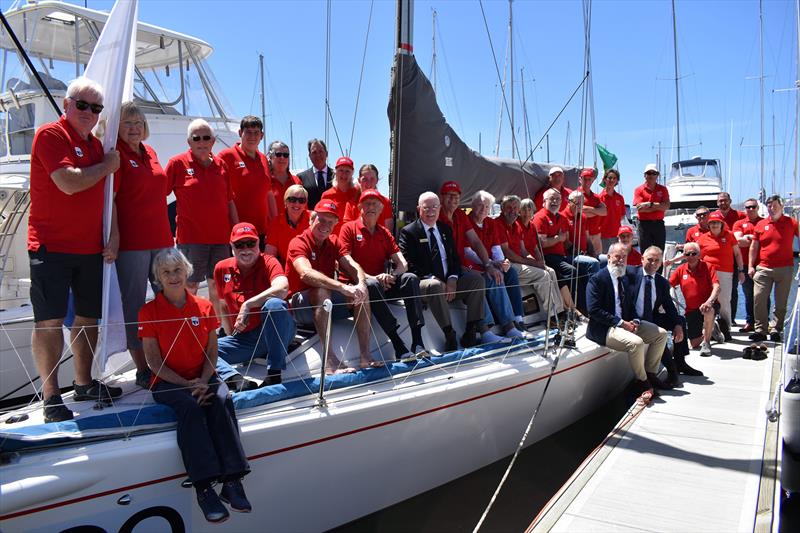 A red sea of volunteers onboard Tasmanian boat, Midnight Rambler, before they leave for Sydney photo copyright Jane Austin taken at Royal Yacht Club of Tasmania and featuring the IRC class