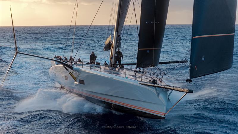 Baltic 111 Raven arrives just after sunrise in Antigua - 2026 RORC Transatlantic Race - photo © Roddy Grimes / roddyacqua
