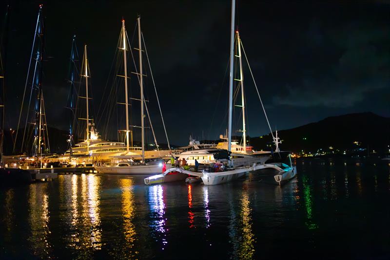 MOD70 Argo heads to the dock in Falmouth Harbour after finishing the 600NM race photo copyright Arthur Daniel / RORC taken at Royal Ocean Racing Club and featuring the IRC class