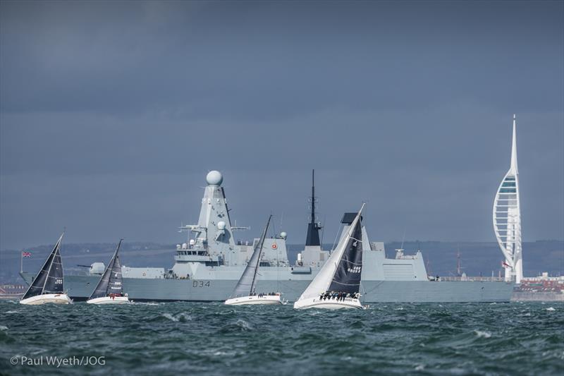 Mojo Risin and Malice JOG racing with HMS Diamond in the background - photo © Paul Wyeth / JOG