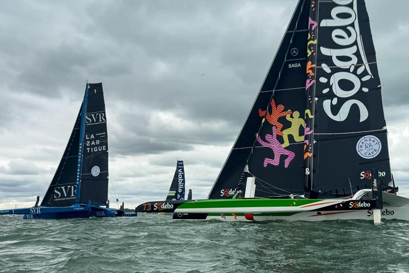 Sodebo (now Jules Verne Trophy holder) - Rolex Fastnet start - July 2025 - Cowes UK photo copyright Richard Gladwell - Sail-World.com/nz taken at Royal Yacht Squadron and featuring the IRC class