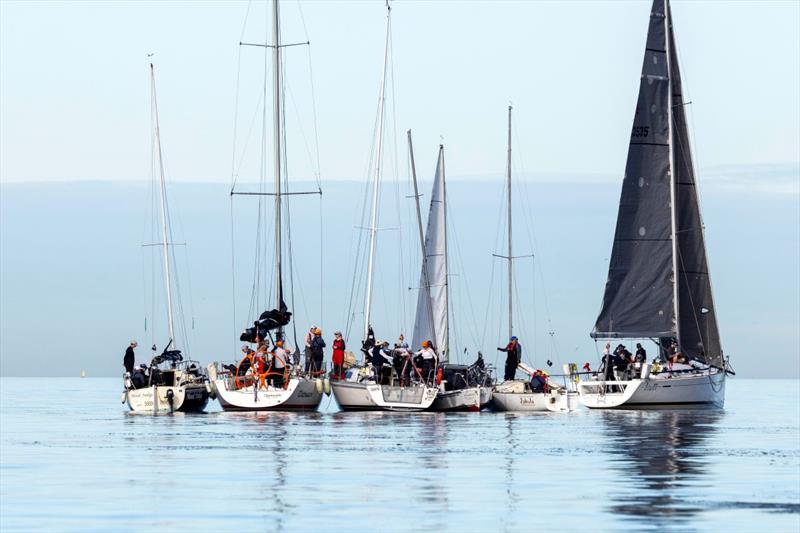 Waiting for breeze some crews enjoyed a friendly raft up - 2026 Australian Women's Keelboat Regatta Day 2 photo copyright Andrea Francolini / AWKR taken at Royal Melbourne Yacht Squadron and featuring the IRC class