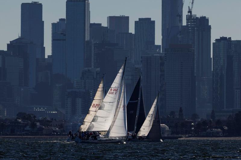Siren (closest) to windward with city backdrop - 2026 Australian Women's Keelboat Regatta Day 3 photo copyright Andrea Francolini / AWKR taken at Royal Melbourne Yacht Squadron and featuring the IRC class