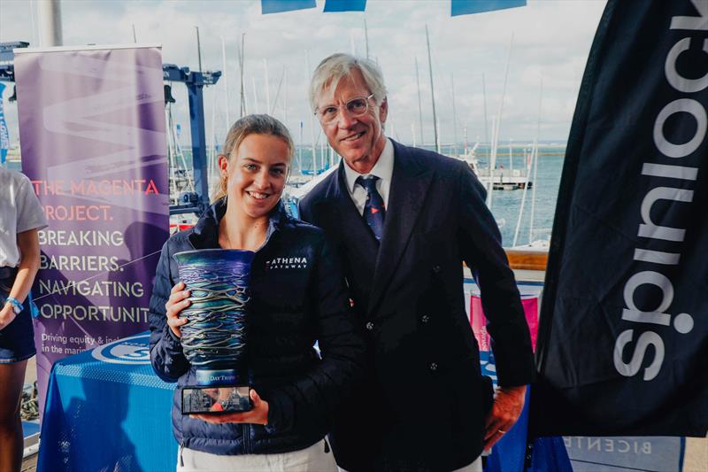 Katy Jenkins of Athena Pathway collects the Women's Day Trophy on behalf of Hannah Mills OBE - North Sails Cowes Week Day 4 - photo © Paul Wyeth / www.pwpictures.com