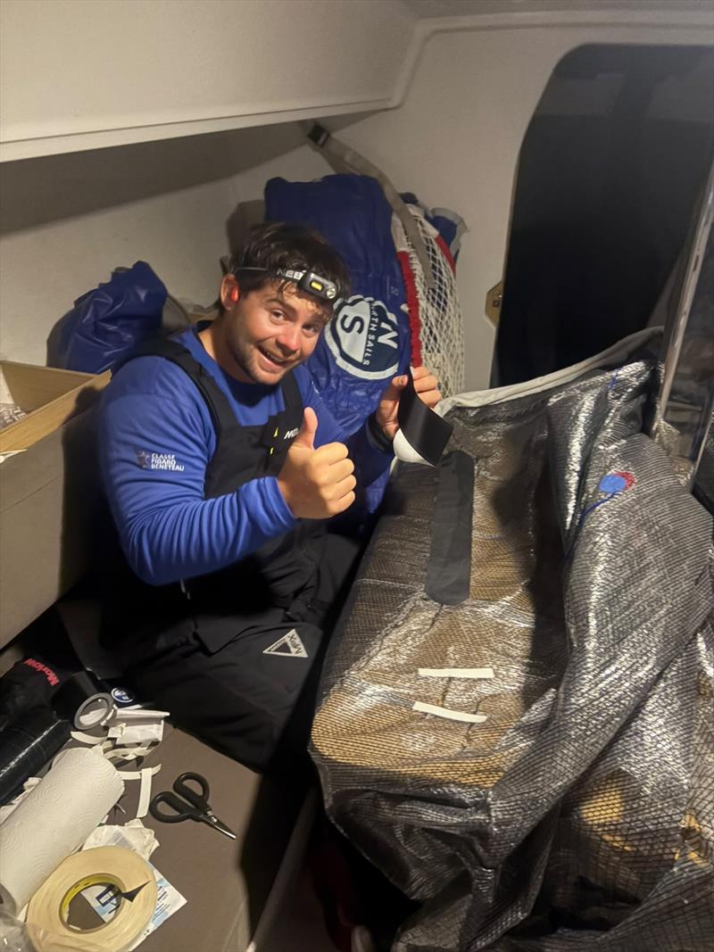 Joe Griffiths tackles sail repairs on board - RORC Round Britain and Ireland Race 2026 - Day 9 photo copyright Bellino taken at Royal Ocean Racing Club and featuring the IRC class
