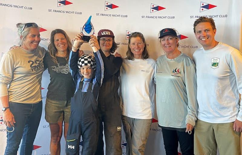 Pictured L-R: Molly O'Bryan Vandemoer, Karen Loutzenheiser, Olivia Corzine, Sophia Corzine, Nicole Breault, Wendy Corzine, and Colin Duffy photo copyright Chris Ray taken at St. Francis Yacht Club and featuring the J105 class