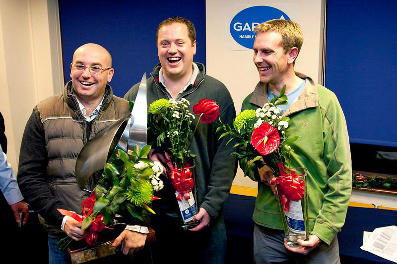 Jeremy Vigus, Jo Llewellyn, and Nigel Wakefield with the Garmin Sportsboat of the Year trophy photo copyright Paul Wyeth / www.pwpictures.com taken at Hamble River Sailing Club and featuring the J109 class