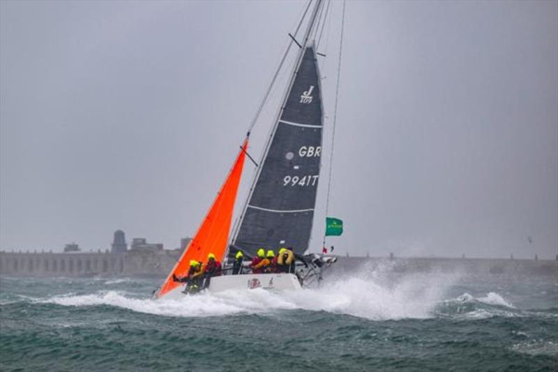 Dr Peter Rowe's J/109 Ju Kyu at Hurst Castle shortly before assisting the sinking yacht Vari photo copyright Kurt Arrigo / Rolex taken at Royal Ocean Racing Club and featuring the J109 class