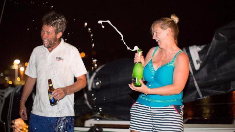 Chris Frost and Elin Haf Davis on J/120 'Nunatak' celebrate finishing the RORC Transatlantic Race photo copyright RORC / Arthur Daniels taken at  and featuring the J120 class