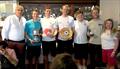 J24 National National Champions Headcase Sam O'Byrne, Cillian Dickson, Marcus Ryan, Ryan Glynn, Louis Mulloy. The Commodore of Lough Erne Yacht Club John Carton and Head of the Organising Committee June Clarke are pictured at either end © Martin Denneny