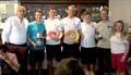 J24 National National Champions Headcase Sam O'Byrne, Cillian Dickson, Marcus Ryan, Ryan Glynn, Louis Mulloy. The Commodore of Lough Erne Yacht Club John Carton and Head of the Organising Committee June Clarke are pictured at either end © Martin Denneny