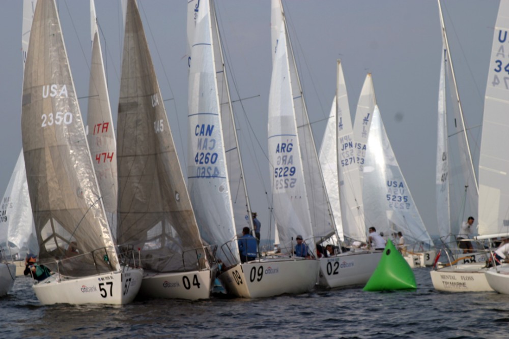 A congested mark rounding at the Citibank J/24 worlds photo copyright Andrea Watson taken at Noroton Yacht Club and featuring the J/24 class