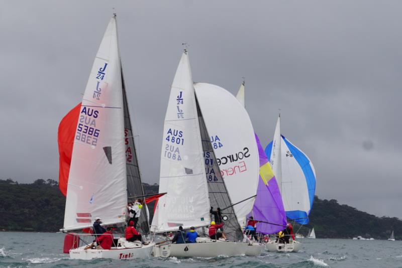 Close competition on the top mark hoists - New South Wales State Championship photo copyright J/Boats taken at Royal Prince Edward Yacht Club and featuring the J/24 class