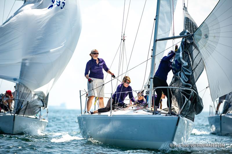 Emily Carville trims spinnaker aboard the J/24 Sea Bags Women's Sailing Team, which leads its class after the first day of racing - 2019 Helly Hansen NOOD Regatta Marblehead photo copyright Paul Todd / www.outsideimages.com taken at Boston Yacht Club and featuring the J/24 class
