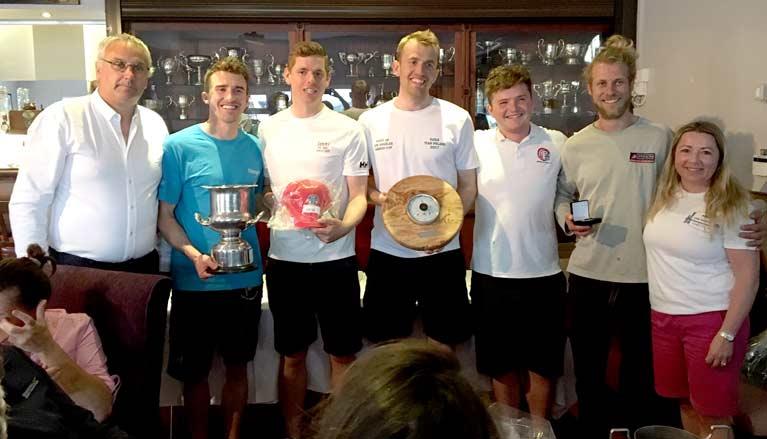 J24 National National Champions Headcase Sam O'Byrne, Cillian Dickson, Marcus Ryan, Ryan Glynn, Louis Mulloy. The Commodore of Lough Erne Yacht Club John Carton and Head of the Organising Committee June Clarke are pictured at either end - photo © Martin Denneny